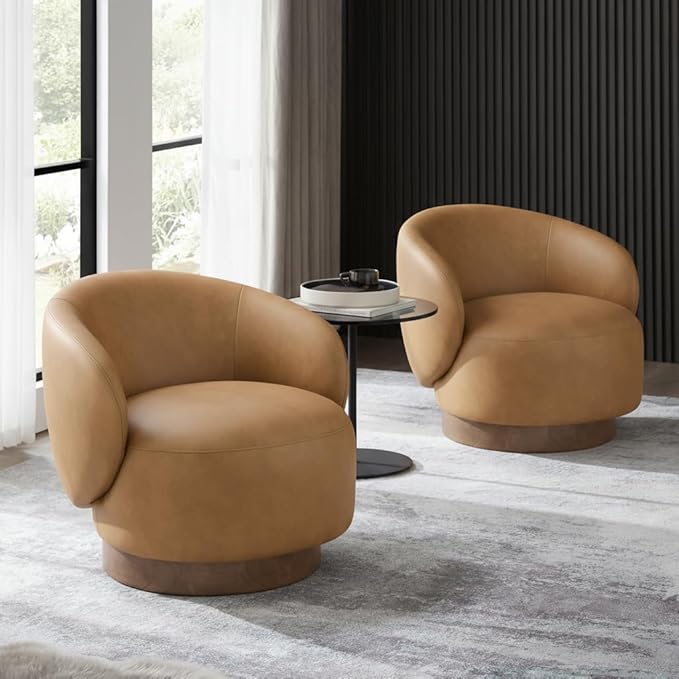 Swivel Accent Chair Modern Round Barrel Armchair with Upholstered Faux Leather for Living Room Bedroom Waitingroom,1 Box,Brown