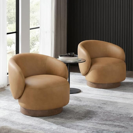 Swivel Accent Chair Modern Round Barrel Armchair with Upholstered Faux Leather for Living Room Bedroom Waitingroom,2 Box,Brown