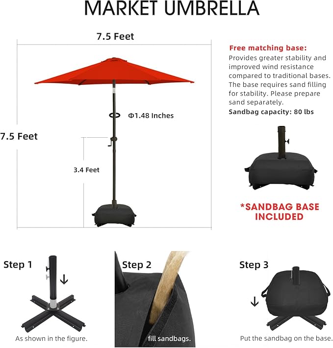wikiwiki 7.5FT Patio Umbrella with Base, Outdoor Umbrellas with Base Included, 6 Sturdy Ribs, Waterproof Fade Resistant POLYESTER DTY Canopy for Deck, Lawn, Garden, Backyard & Pool, Red