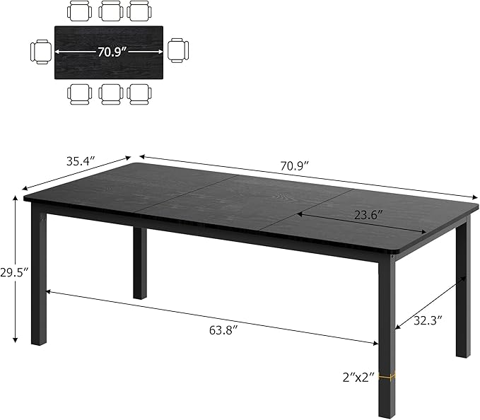 IDEALHOUSE 71 Inch Industrial Dining Table for 4-6 Person Rectangle Kitchen Table with Metal Legs,Round Corners, Writing Desk, for Modern Farmhouse, for Kitchen, Dining Room,Quick Assembly,Wood