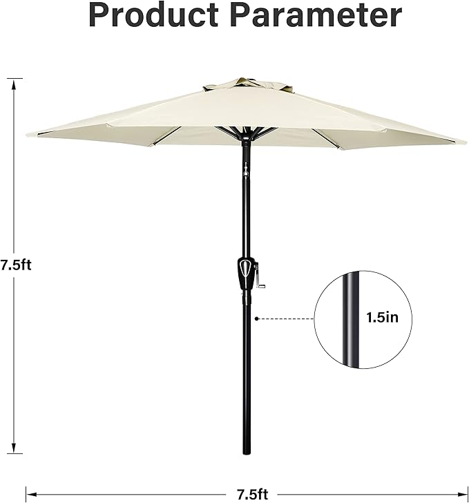 YSSOA 7.5' Patio Umbrella Outdoor Table Market Yard Umbrella with 6 Sturdy Ribs, Beige