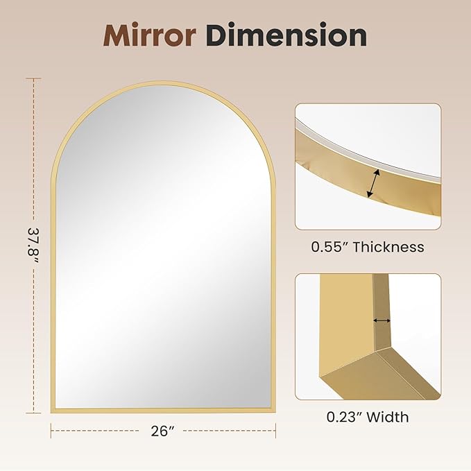 Arched Wall-Mounted Mirror, 26"x38" Arch Bathroom Mirror, Gold Vanity Mirror for Wall Décor, Wall Mirror with Metal Frame for Bedroom, Entryway, Living Room, Brushed Gold