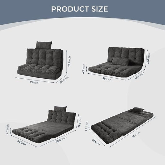 MAXYOYO Folding Sofa Bed, Tufted Bean Bag Bed with Pillows Floor Mattress for Adults, Extra Thick and Long Floor Sofa, Twin Couch Bed for Bedroom Living Room, Dark Grey, 39x91 Inch