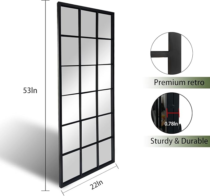 Balck Full Length Mirror,Window Pane Grid Minimalism Long Floor Wall Mounted Mirrors for Entryway,Hallway,Living Room,Fireplace 22"X53"
