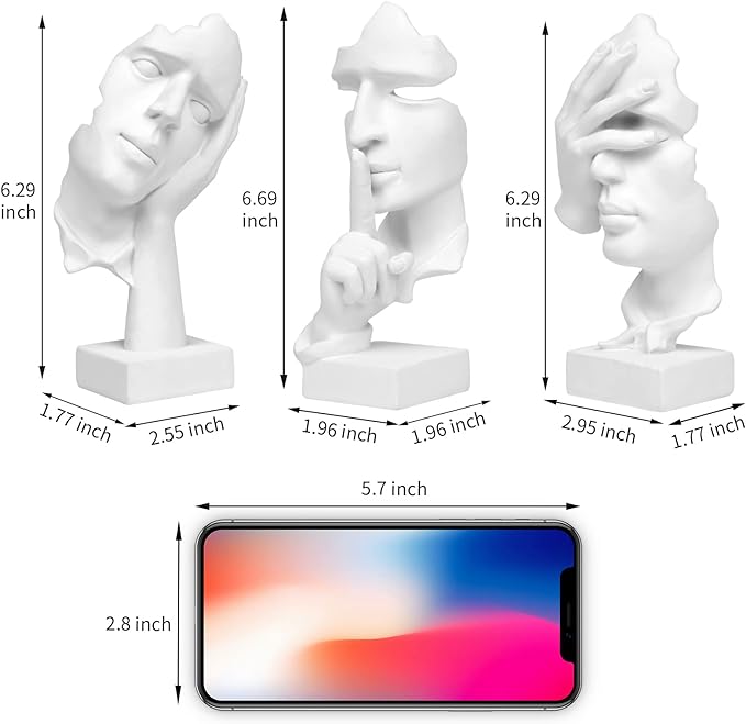 3 Pcs Thinker Statue, Silence is Gold Abstract Art Figurine, No Hear No See No Speak Modern Home Resin Sculptures Decorative Objects Decor for Home Office Bookshelf Desktop(White), A-41
