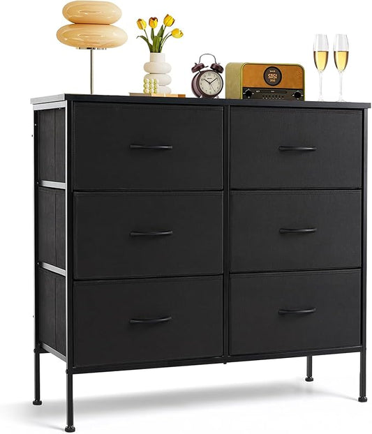 6-Drawer Dresser for Bedroom, Anti-Tip Wide Storage Organizer Chest of Drawers with Wooden Top and Metal Frame Fabric Bins for Closet, Living Room, Hallway, Entryway, Black
