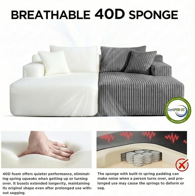 SYTOPIA Loveseat Chaise Lounge with Armrests, Oversized Sofa Bed with 4 Pillows, Cozy Boneless Sleeper, Modular Sectional Couch for Living Room Bedroom, Floor Chair Furniture sala Corduroy, Urban Grey