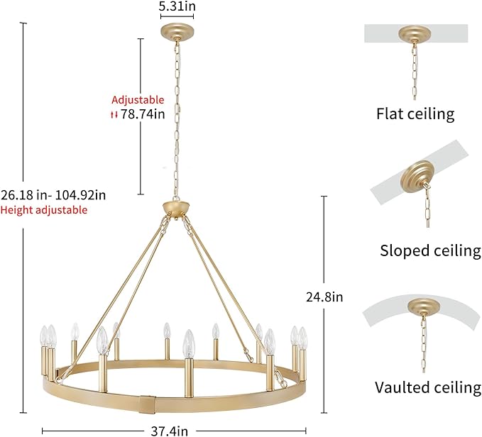 Gold Wagon Wheel Chandelier 37.4 inch, 12-Light Large Round Industrial Gold Farmhouse Chandeliers for High Ceilings Dining Room Living Room Foyer Entryway Outdoor Porch
