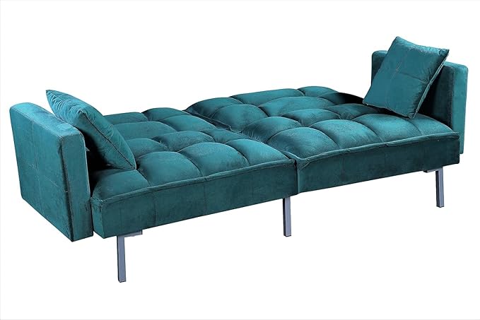 Container Furniture Direct Regal 75.6" Velvet Convertible Sofa Bed - Mid-Century Sleeper Couch w/Tufted Design & Metal Legs - Pull-Out Futon for Guests/Home (75.6" W x 34.6" D x 32" H), Blue