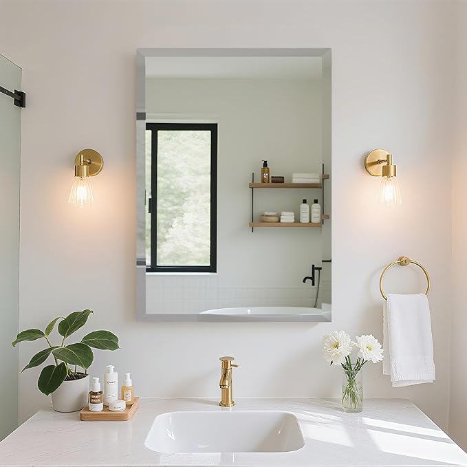 20x30 Inch Frameless Wall Mirror with 1" Beveled Edge, Frameless Rectangle Mirror for Bathroom, Vanity, Living Room