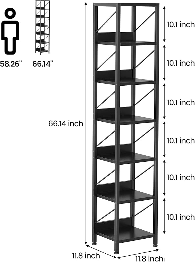 IDEALHOUSE Narrow Bookshelf Tall Skinny Bookcase 6 Tier Storage Rack Rustic Corner Shelf Metal Frame Small Freestanding Bookshelves Industrial Display Stand for Bedroom, Living Room, Home Office