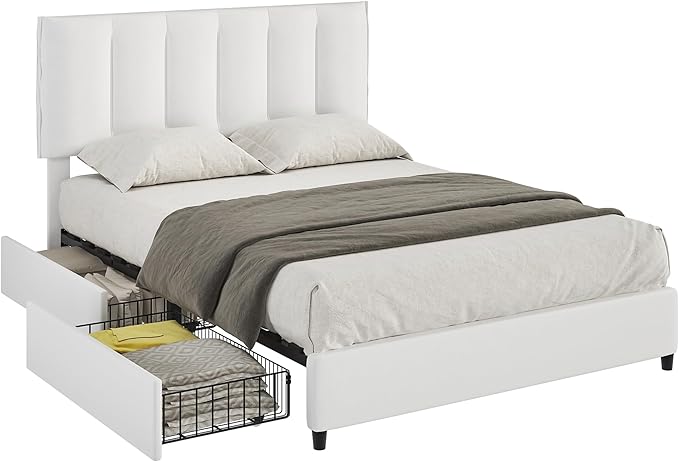 VECELO Full Size Bed Frame with 4 Storage Drawers, Adjustable Height Headboard, Heavy-Duty Platform Bedframe with Strong Wooden Slats, No Box Spring Needed, Pure White