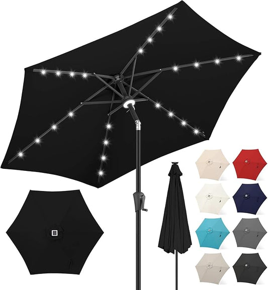 FLAME&SHADE 7.5 FT Solar Light Patio Umbrella, 24 LED Lights Outdoor Umbrella with Centre Surround Light, Table Umbrella Outdoor Patio for Deck, Pool, Backyard, Garden, UV Protection (Black)