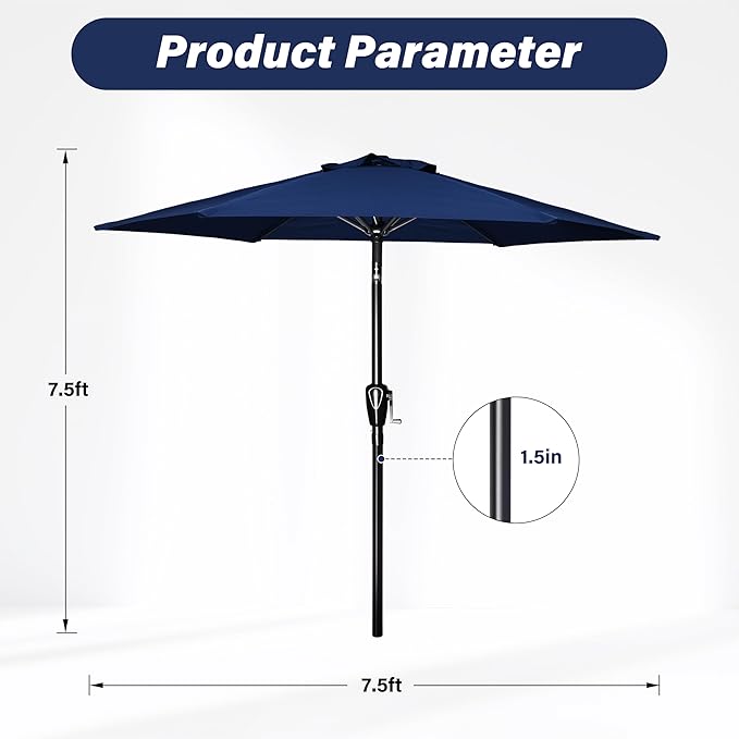 YSSOA 2 Pack 7.5' Patio Umbrella Outdoor Table Market Yard Umbrella with 6 Sturdy Ribs, Dark Blue