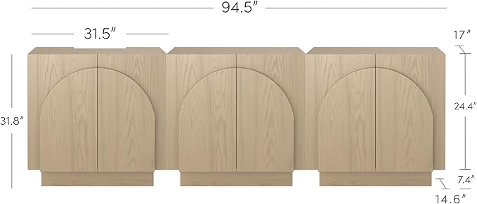 Nathan James Iris Mid-Century Modern Credenza, Light Brown TV Stand, Living Room Wood Storage Cabinet with Arched Cabinet Doors, White Oak, Set of 3