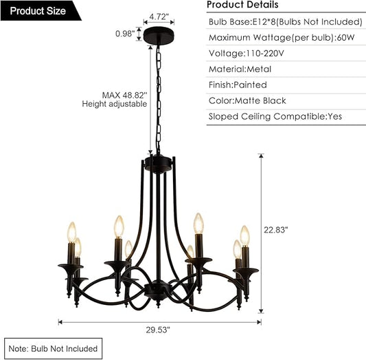 Industrial Candle Chandelier Modern Farmhouse Hanging Pendant Light Fixture with 8-Light Black Iron Classic Rural Candle Ceiling for Dining Room Living Room Bedroom Kitchen Island Foyer