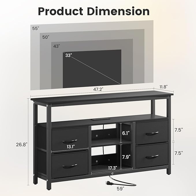Haewon Black TV Stand with LED Lights and Power Outlets, Entertainment Center for 55 inch TV, Media Console Table with 4 Fabric Drawers and Open Shelf for Living Room, Wood Top and Metal Frame