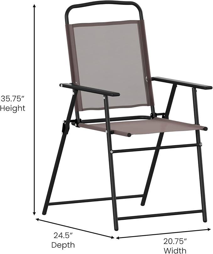 Flash Furniture Mystic Folding Patio Sling Chairs, Outdoor Textilene Lawn Chairs with Armrests, Set of 2, Brown