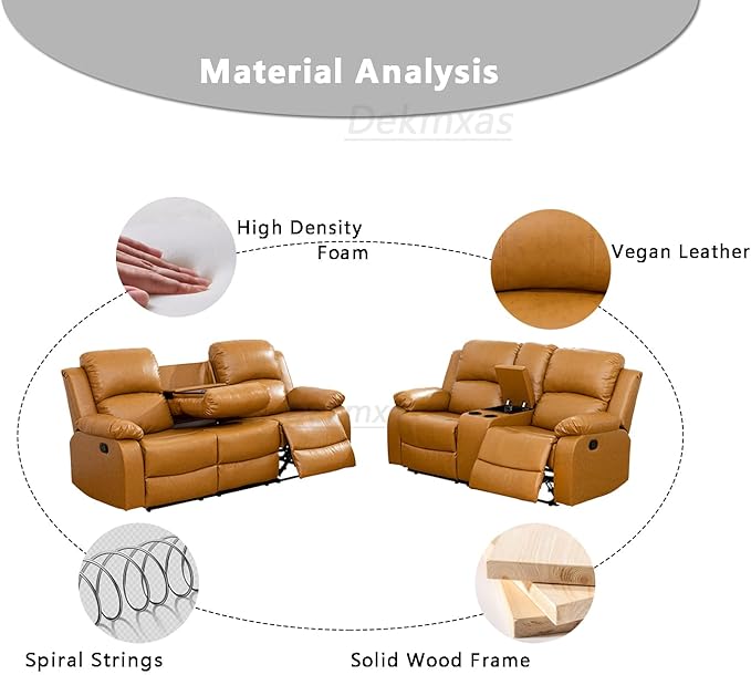 2PCS Reclining Couch Living Room Furniture Sets Manual Recliner Sofa Set Bonded Leather Sofa and Loveseat with Drop-down Table/Cup Holders/Storage Console for Home/Office/Rv Car (Ginger,Sofa+Loveseat)