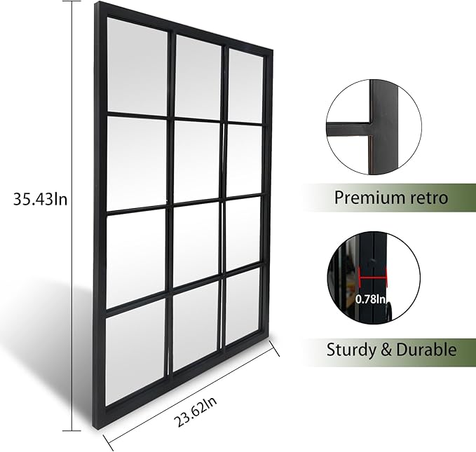 Balck Rectangle Mirror,Window Pane Grid Mirror,Minimalism Wall Mounted Mirror for Entryway,Hallway,Living Room,Fireplace 24"X36"