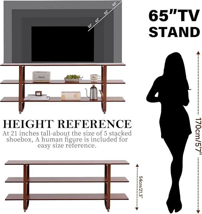 Welnow Bamboo TV Stand for Up to 65 Inch, Mid Century Modern Entertainment Center with 3-Tier Open Shelves, Storage Media Console Table for Living Room, Bedroom, Walnut