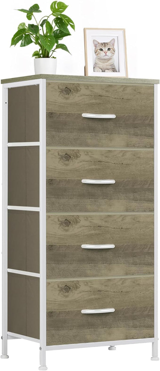 Nightstand with 4 Fabric Drawers, 37.4" H Tall Narrow Bedside Table with Wooden Top Steel Frame for Bedroom, Dorm, Closet, Living Room, Greige Oak