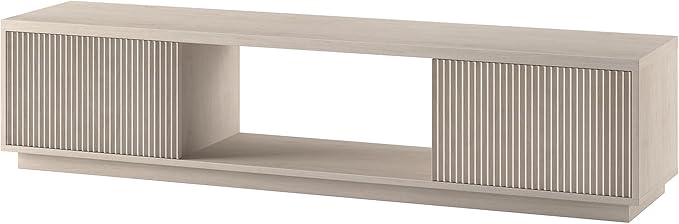 Henn&Hart Fluted TV Stand for TVs up to 78" with 2 Ribbed Side Storage Cabinets and Open Center Storage for Living Room, Family Room, or Office, Beech White