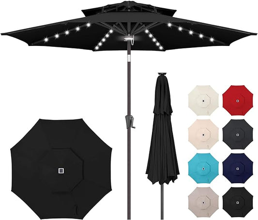 9FT Solar Umbrella Outdoor - 2-Tier Lighted Solar Patio Umbrella with 40 LED Lights Waterprool UV Protection, Table Umbrella with Tilt for Pool, Porch, Garden, Backyard (Black)
