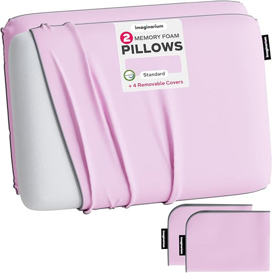Imaginarium 2 Pack Memory Foam Pillows for Bed – 16" x 24" Standard – Fun Decorative Colorful Pillow for Sleeping – Back, Stomach & Side Sleepers – Includes 2 Extra Cooling Covers (Pale Pink)