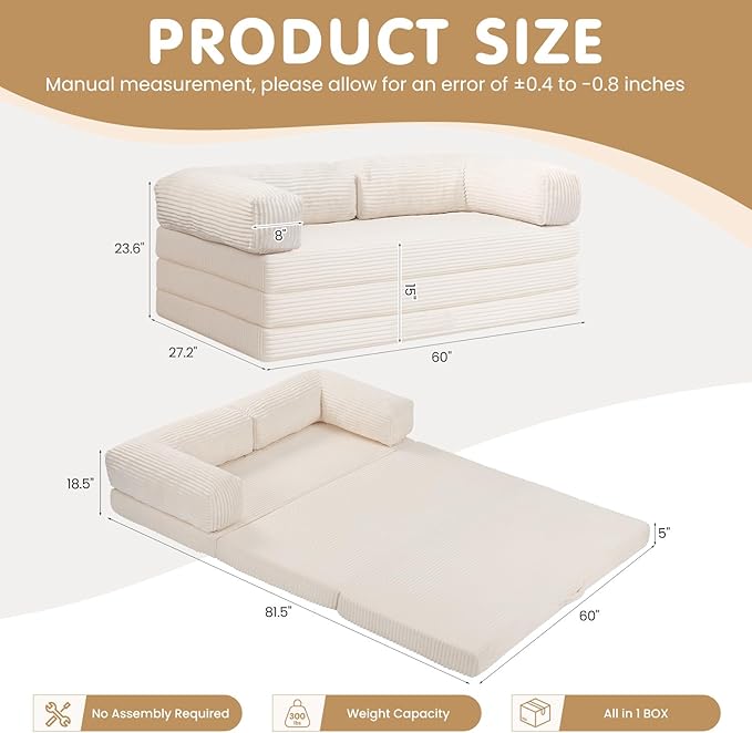 JUIKURY Folding Sofa Bed, Convertible Sleeper Chair with Pilow Foldable Matress, 2 in 1 Pull Out Loveseat Sofa Portable Fold Out Chair Bed Floor Couch Lounge for Living Room (Beige, Queen-82"L x 60"W)