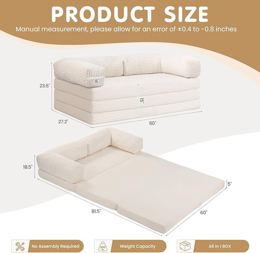JUIKURY Folding Sofa Bed, Convertible Sleeper Chair with Pilow Foldable Matress, 2 in 1 Pull Out Loveseat Sofa Portable Fold Out Chair Bed Floor Couch Lounge for Living Room (Beige, Queen-82"L x 60"W)