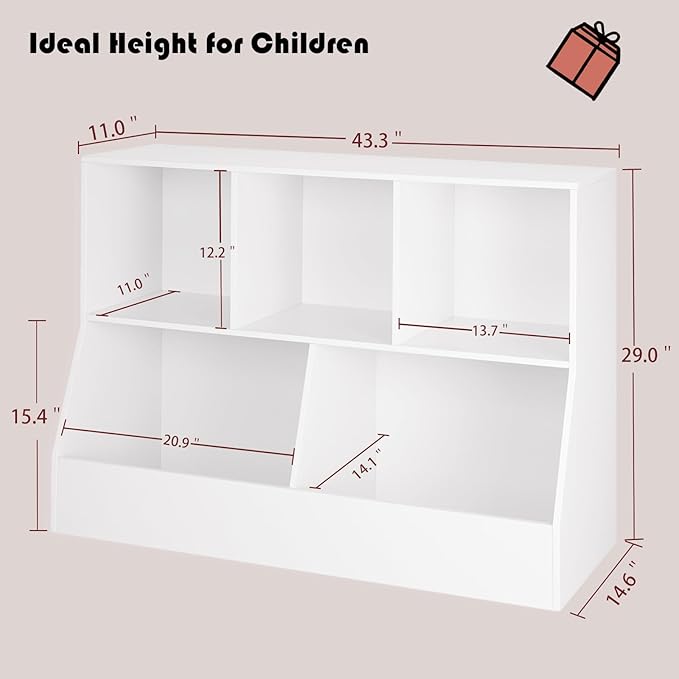 DINZI LVJ Toy Storage Organizer, Kids Bookshelf, Wood Toy Storage Cabinet, 5 Cubby Children Bookcase, 43.3" L Toddler Book Shelf for Playroom, Living Room, Nursery, Hallway, School, White