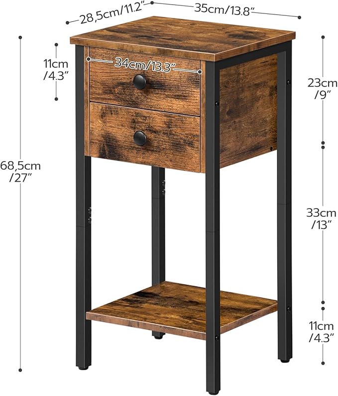 HOOBRO Tall Nightstand, End Table with 2 Drawers and Storage Shelf, Industrial Telephone Side Table for Study, Bedroom, Space Saving, Easy Assembly, Rustic Brown and Black BF72BZ01