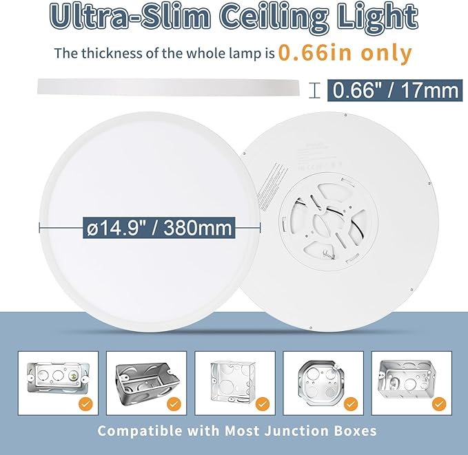 14.9 Inch 6PK LED Flush Mount Ceiling Light, ETL ,32W, 3343LM, 3000K/3500K/4000K/5000K/6500K CCT Selectable, 0.66in Ultra Thin Round Flat Panel Ceiling Light Fixture for Bedroom, Kitchen, (White)