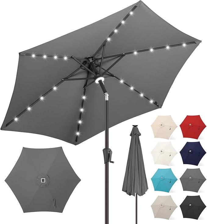 FLAME&SHADE 7.5 FT Solar Light Patio Umbrella, 24 LED Lights Outdoor Umbrella with Centre Surround Light, Table Umbrella Outdoor Patio for Deck, Pool, Backyard, Garden, UV Protection (Anthracite)