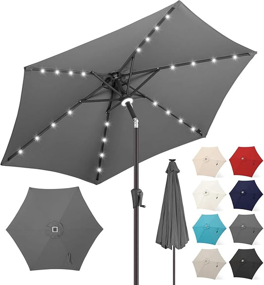 FLAME&SHADE 7.5 FT Solar Light Patio Umbrella, 24 LED Lights Outdoor Umbrella with Centre Surround Light, Table Umbrella Outdoor Patio for Deck, Pool, Backyard, Garden, UV Protection (Anthracite)
