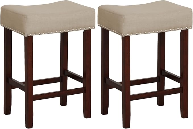 ERGOMASTER Bar Stools, 24 Inch Modern Saddle Stools, Rubber Wood, Khaki/Brown, Set of 2