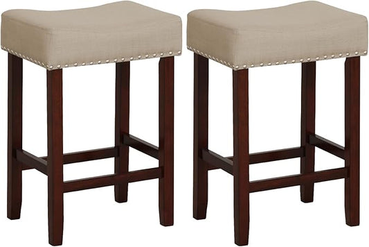 ERGOMASTER Bar Stools, 24 Inch Modern Saddle Stools, Rubber Wood, Khaki/Brown, Set of 2