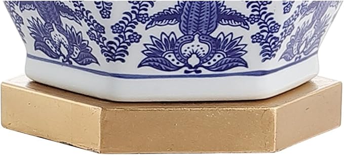 JONATHAN Y 25" Blue/White Classic Traditional Ginger Jar Ceramic LED Table Lamp, Chinoiserie Table Lamp for Living Room Bedroom, Gold Base, White Linen Shade, LED Bulb Included JYL3051A