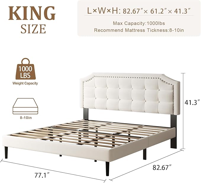 King Size Bed Frame, King Size Platform Bed Frame with Upholstered Button Tufted Headboard, Strong Wood Slats, No Box Spring Needed, Mattress Foundation, Easy Assembly Beige