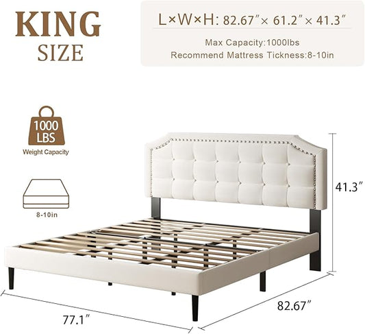 King Size Bed Frame, King Size Platform Bed Frame with Upholstered Button Tufted Headboard, Strong Wood Slats, No Box Spring Needed, Mattress Foundation, Easy Assembly Beige