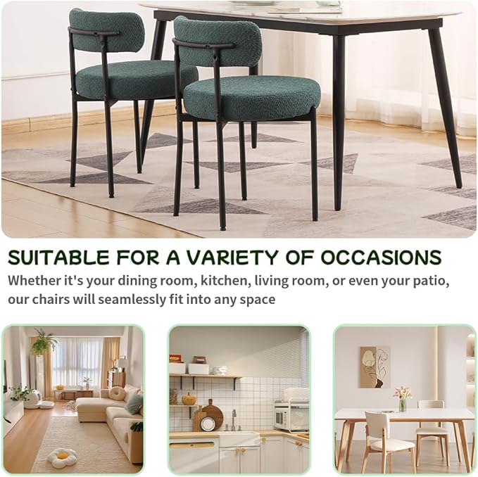 EDWELL Green Dining Chairs Set of 4, Modern Upholstered Dining Room Chairs with Thick Cushion, Curved Backrest Kitchen Chairs Boucle Chair for Dining Room, Living Room
