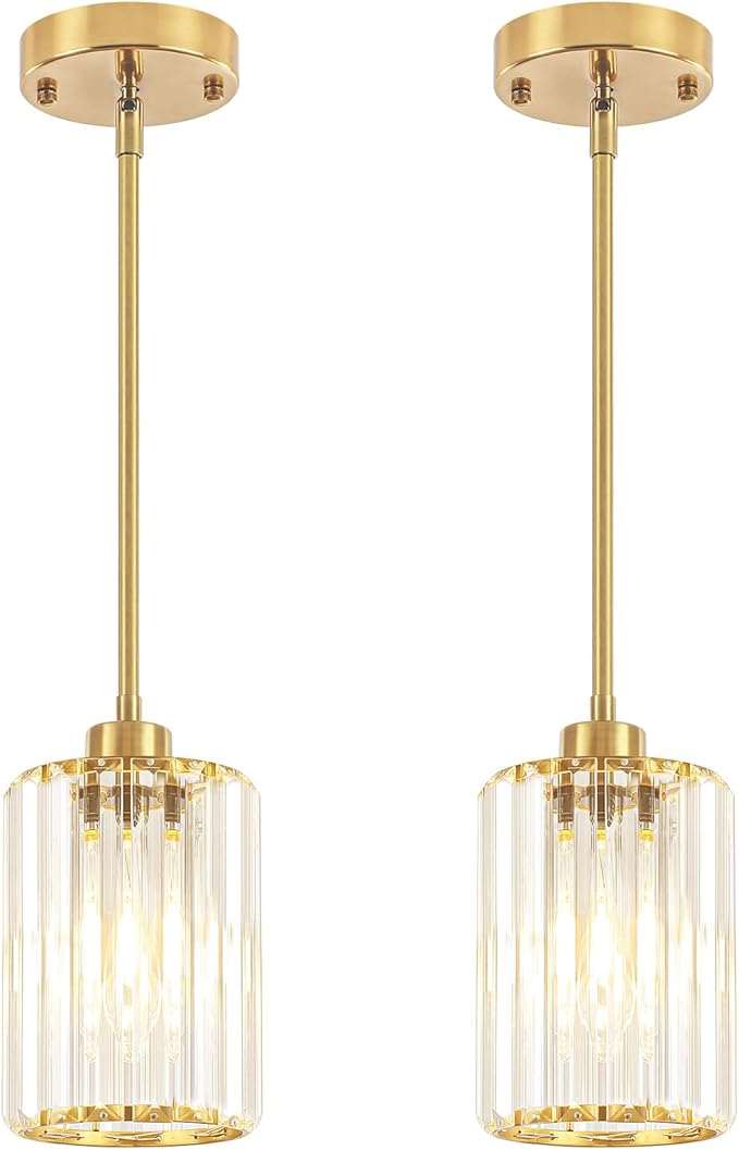 2 Pack Pendant Lights Kitchen Island, Modern Brushed Gold Pendant Light Fixtures, Kitchen Hanging Lights Mini Chandelier Crystal Pendant Lighting for Island Dining Room Hallway Bedroom