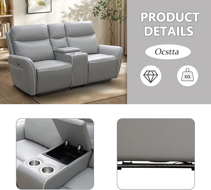 2 Piece Power Recliner Sofa for Living Room, Breathing Leather Reclining Couch and Loveseat Set with LED Lighting, Cup Holders, Storage Console&USB Port for Home Theater Seating (Light Grey)