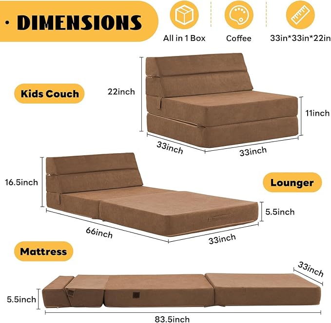 jela Foldable Sofa Bed Large Soft Foam Convertible Sleeper Chair Luxury Miss Fabric Fold Out Chair Bed Floor Couch with Back Support Floor Sofa for Living Room Bedroom (83"x33",Coffee Brown) | breathable material