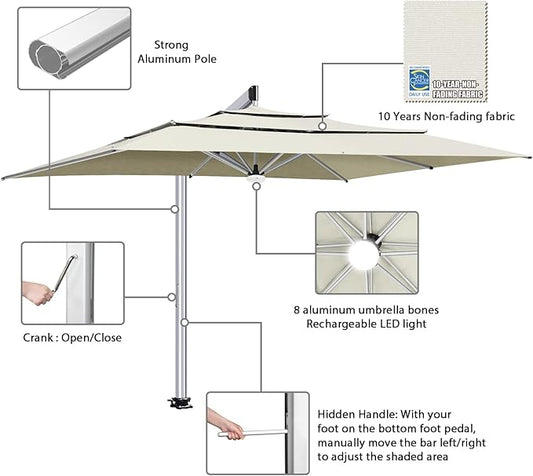 EliteShade USA Atlas 3-Tier 10x13FT Full Aluminum Cantilever Patio Umbrella for Outdoor restaurant Garden Courtyard Deck Pool and Marketing with Light,Natural
