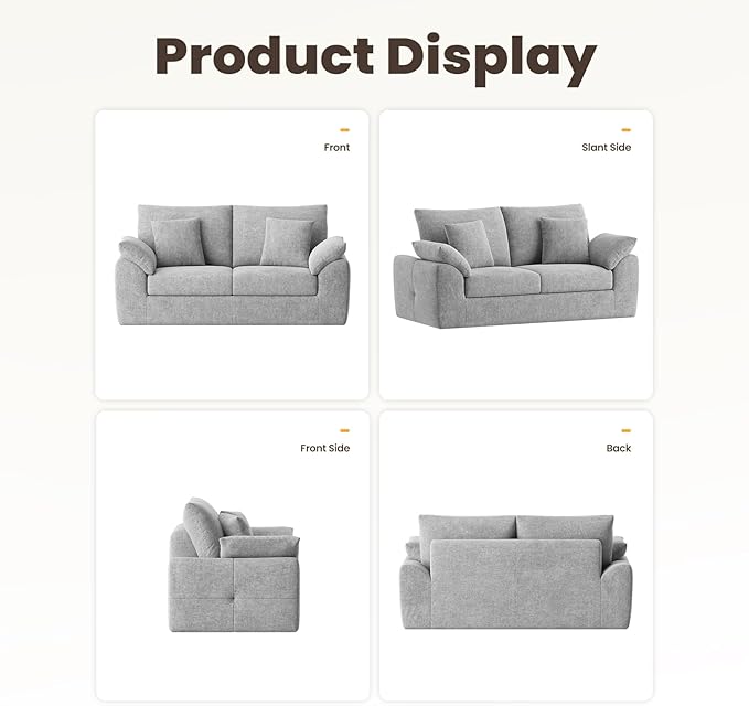 MALOL 76" Boneless Loveseat Sofa, Cloud Foam Couch, 3 Seater Upholstered Midcentury Mondern Love Seat, Wide Armrest and 4 Pillows for Home Living Room/Small Spaces, No Assembly Required, Grey