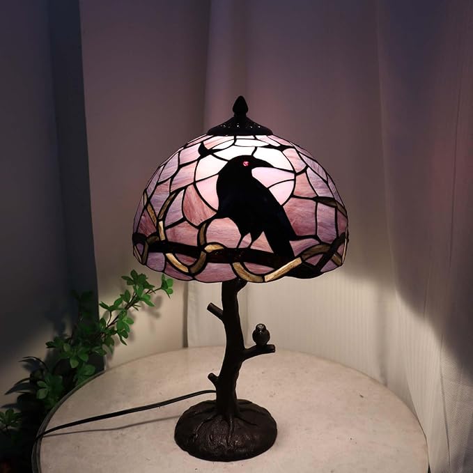 Bieye L12024 Raven Sitting on Bare Tree Branch in Full Moon Night Tiffany Style Stained Glass Table Lamp for Home Decor (Dark Purple, 12Wx20H)