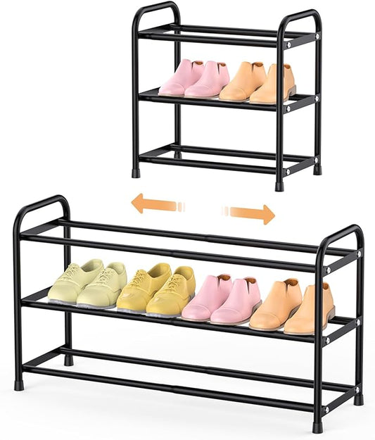 Expandable Shoe Rack, 16“-30” Adjustable Shoe Rack for Closet, Front Door Entrance, Entryway, Dorm, Small Space, Metal Shoe Organizer, Black 3 Tier