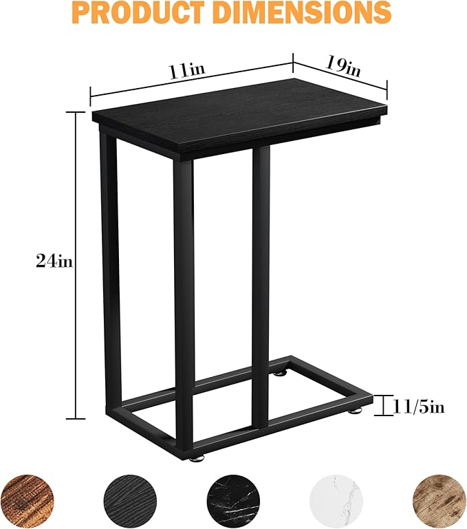 VECELO Universal C-Shaped Side Table, Multi-Functional Snack & TV Tray for Living Room, Bedroom, Black (1 Set)